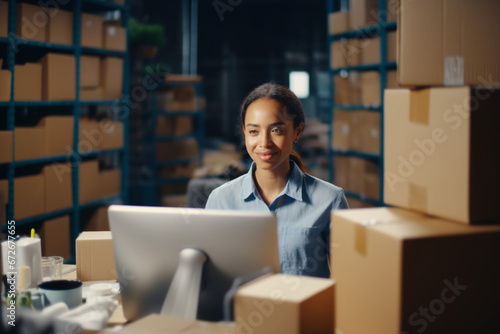 Small Business Owner Works on Desktop Computer while Sitting at Her Desk in Warehouse, Employee Working in the Room with Shelves Full of Cardboard Box Parcels in the Background © alisaaa