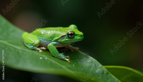 Red eyed tree frog watching, sitting on wet leaf in forest generated by AI