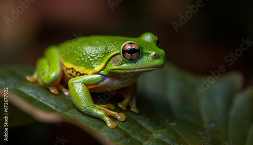 The slimy toad sitting on a wet leaf, looking away generated by AI
