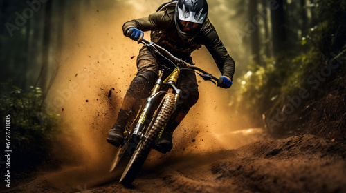 Mountain Bike rider on blurred motion mud dirt rainy mountain road © BeautyStock
