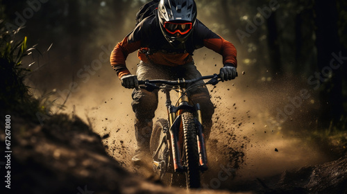 Mountain Bike rider on blurred motion mud dirt rainy mountain road