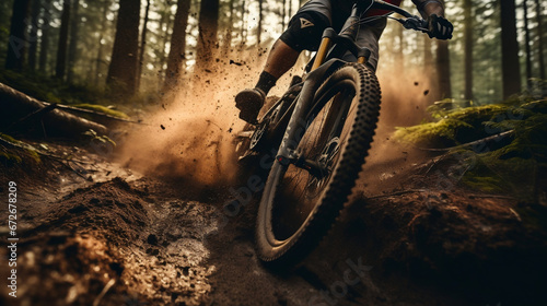 Mountain Bike rider on blurred motion mud dirt rainy mountain road © BeautyStock