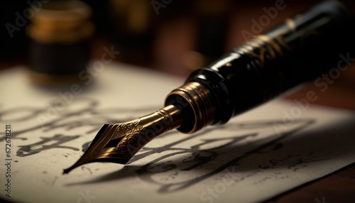 Antique quill pen signs elegant contract on old parchment page generated by AI