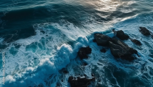 Breaking waves crash against rocky cliffs, a tranquil seascape beauty generated by AI