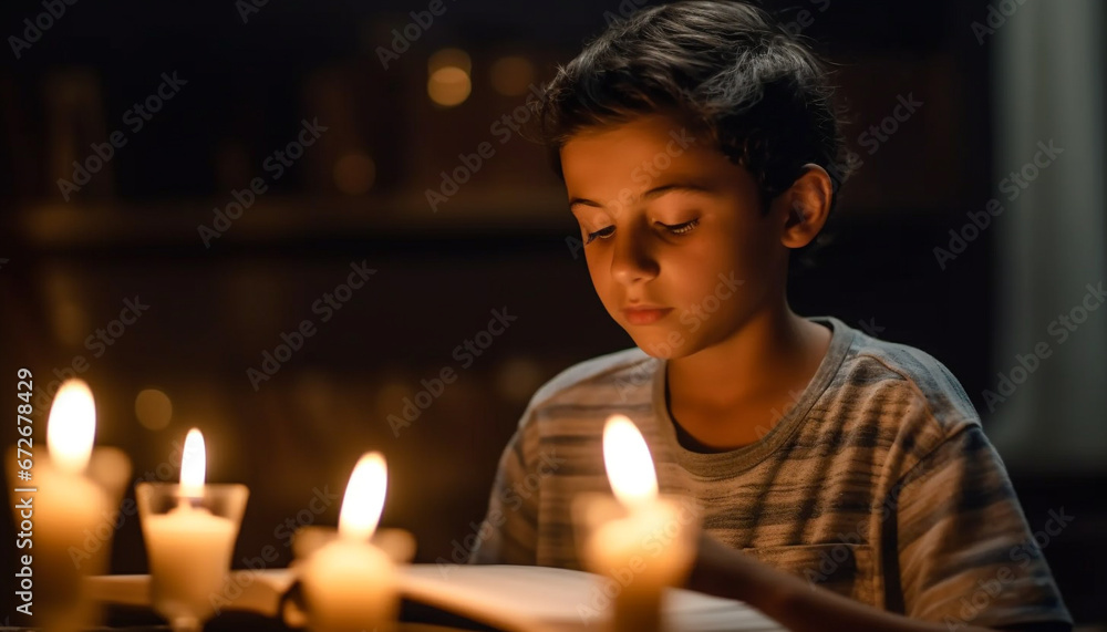 One child sitting, holding candle, meditating in tranquil darkness generated by AI One child sitting, holding candle, meditating in tranquil darkness generated by AI