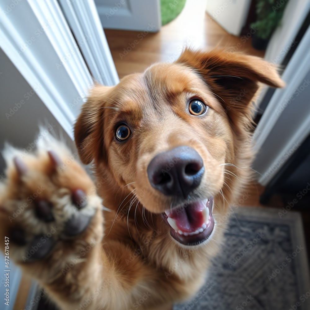Happy dog waving with his paw. Dog greeting its owner.