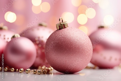 Pink Christmas background. Pink Christmas balls on the background of lights bokeh from the garland. 