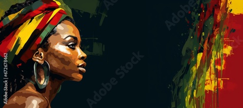 Black History Month. Portrait of an African-American woman on a background in traditional colors - black, red, yellow and green. Banner, copy space photo