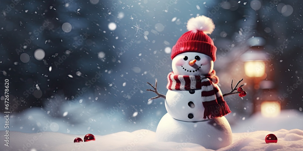 Fototapeta premium Snowman Christmas celebrating background concept featuring a festive and magical scene