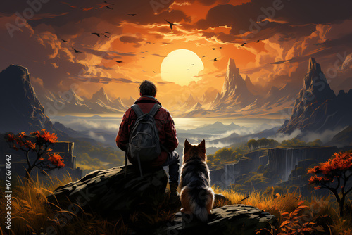 Man hiking with his dog in the autumn