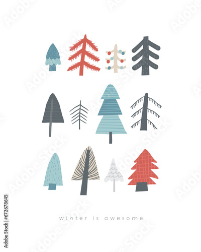 Cute winter Christmas New Year postcard with hand drawn doodle fur tree, Christmas tree, pine, forest. Cold winter season cover, template, banner, poster, print. Holiday seasonal background for kids