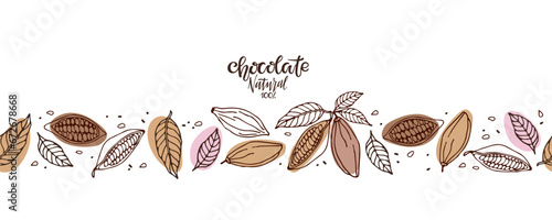 Horizontal Seamless border with Cocoa beans. Hand drawn sketch, Chocolate text isolated on white Organic product Doodle sketch for cafe, shop, menu, packaging. Fruit, leaf and bean seamless pattern.