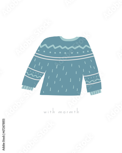 Cute winter Christmas New Year postcard with cute hand drawn doodle sweater. Cold winter season cover, template, banner, poster, print. Holiday seasonal background for kids