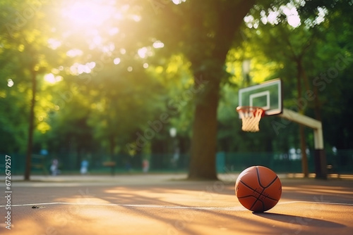 Sports, basketball court and nature, outdoor park and space for youth to exercise, workout and play in summer, Basketball, fitness and health, playground with trees and motivation for playing game