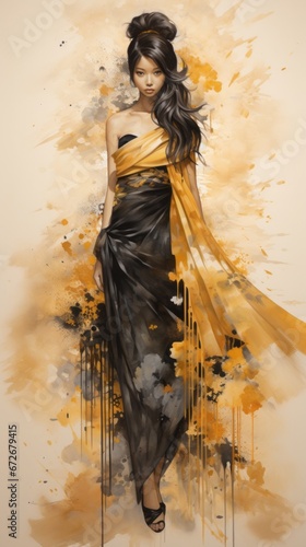 A Captivating Portrait of Elegance and Mystery in Black. A painting of a woman in a black and yellow flowing dress