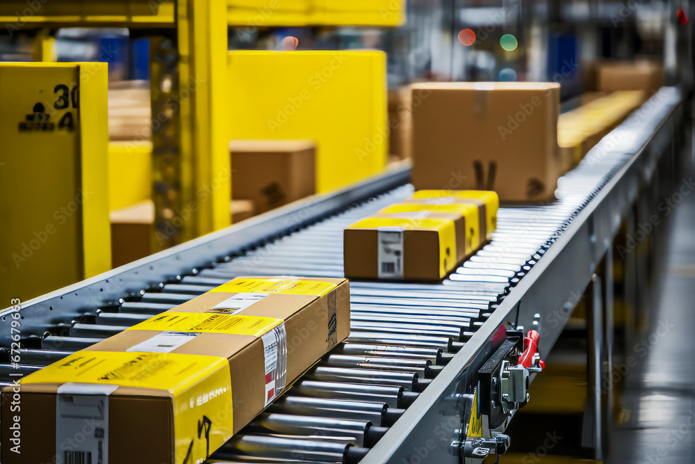 The seamless flow of packages boxes traverse the conveyor belt showcases the effectiveness of automation technology in streamlining warehouse operations