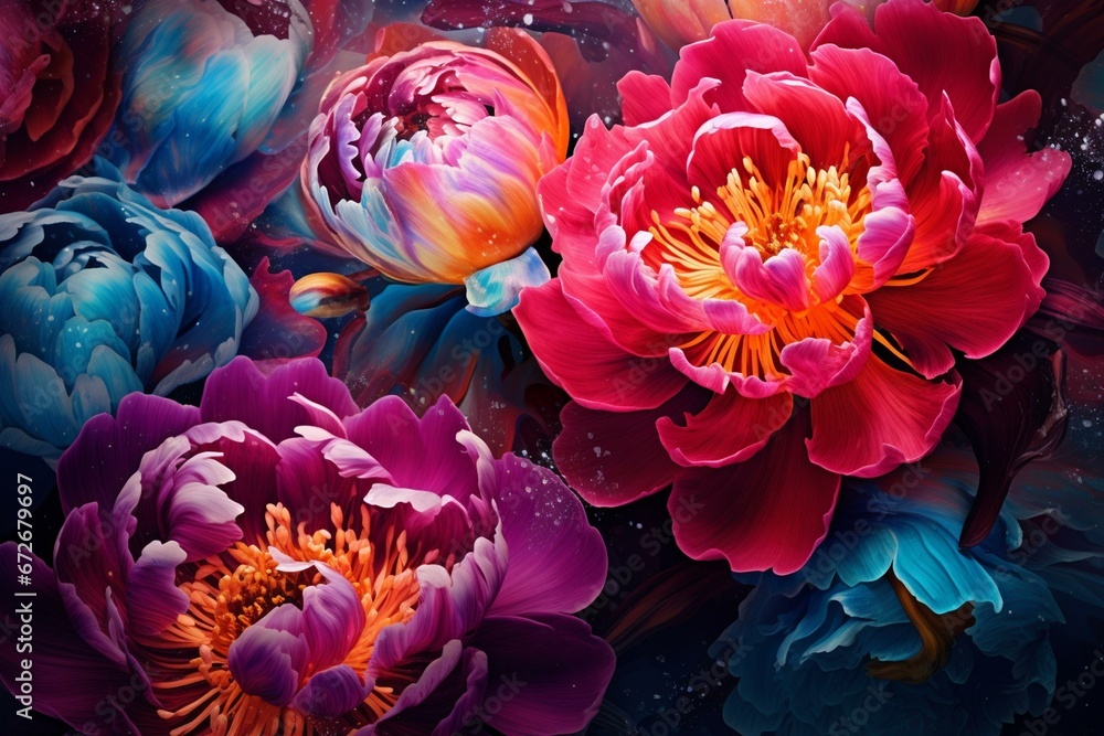 Artistic peony design with vibrant flower display amidst digital backdrop. Generative AI