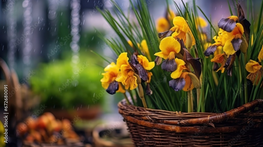 Beautiful yellow irises in a wicker basket in the rain . Mother's day concept with a space for a text. Valentine day concept with a copy space.