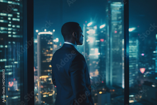 Successful Businessman Looking Out of the Window on Late Evening, Modern Hedge Fund Investor Enjoying Successful Life, Urban View with Down Town Street with Skyscrapers at Night with Neon Lights