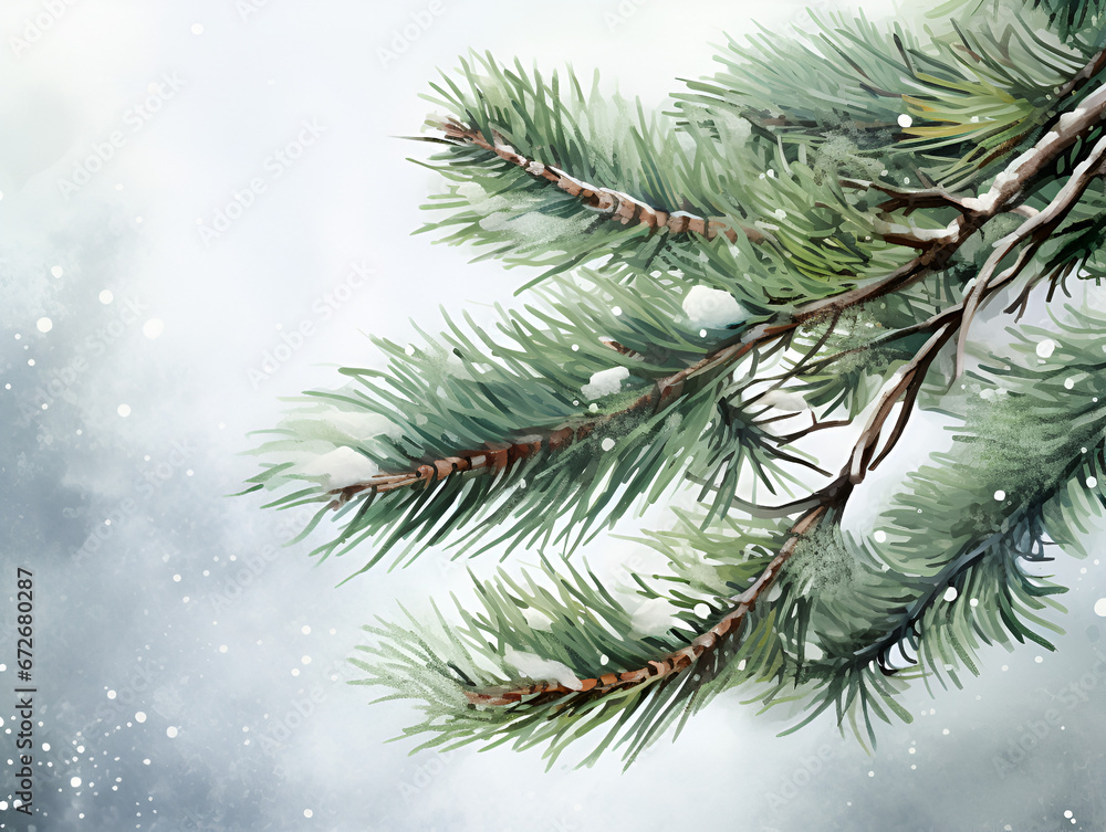 Illustration of green pine tree branch with pinecones, background with copy space