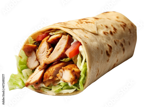 A Shawarma pita roll with chicken isolated on transparent or white background, png