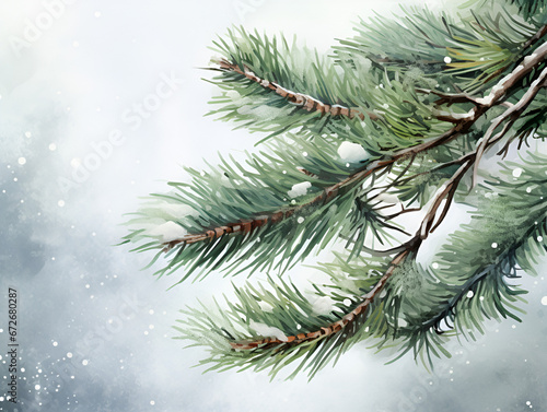 Illustration of green pine tree branch with pinecones, background with copy space