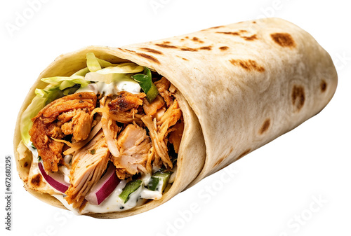 A Shawarma pita roll with chicken isolated on transparent or white background, png