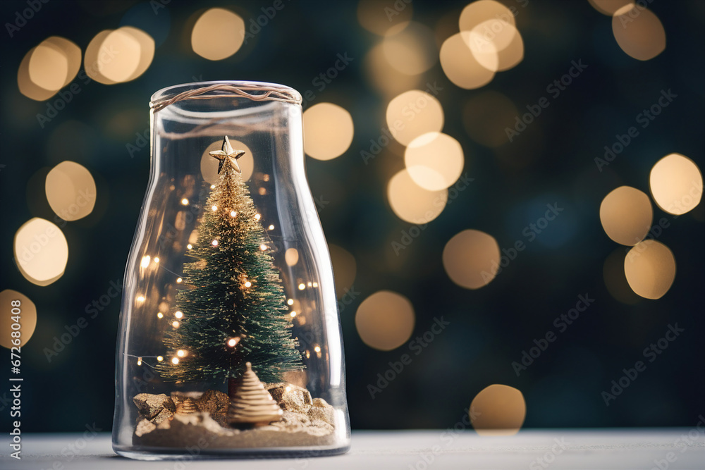 Christmas decorative lights and trees in a glass jar, bauble. Christmas tree globe. New Year's Eve and season's greetings. Decorative. Lit from inside. Christmas decorative lights and trees in a glass jar, bauble. Christmas tree globe. New Year's Eve and season's greetings. Decorative. Lit from inside.