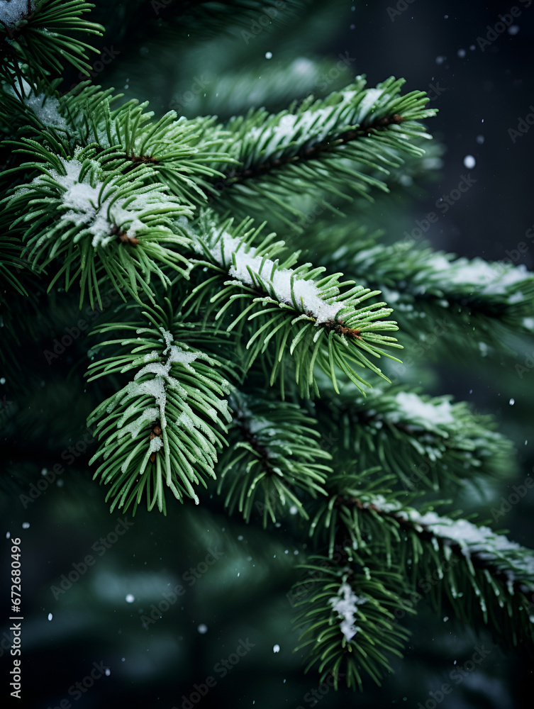 Close up of green pine tree branch with snow and pinecones 