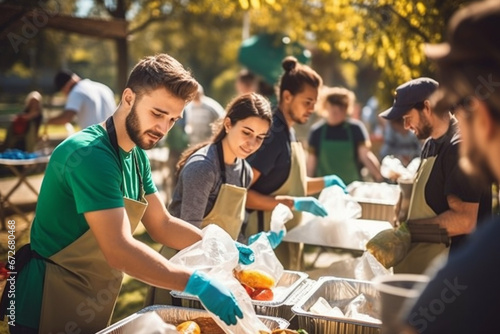 Team of Young Volunteers Helping in a Local Community Food Bank, Preparing Free Meal Rations to Low-Income People in a Park on a Sunny Day, Charity Workers Work in Humanitarian Aid Donation Center photo