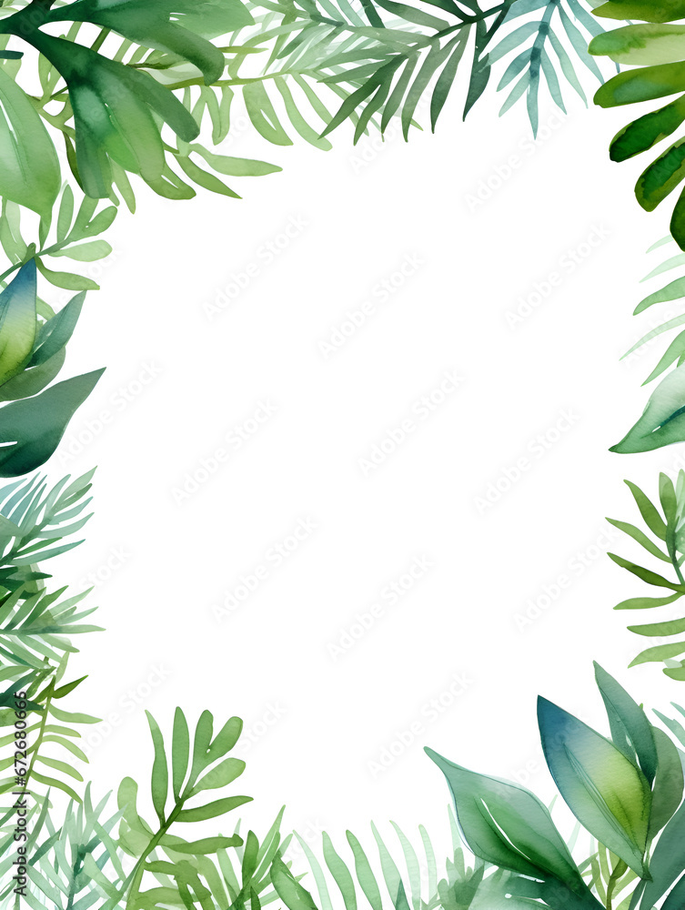 Illustration frame background with green tropical leaves and white copy space inside for text 