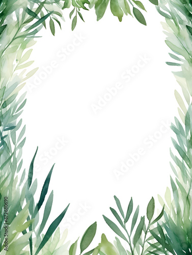 Illustration frame background with green leaves and white copy space inside for text 