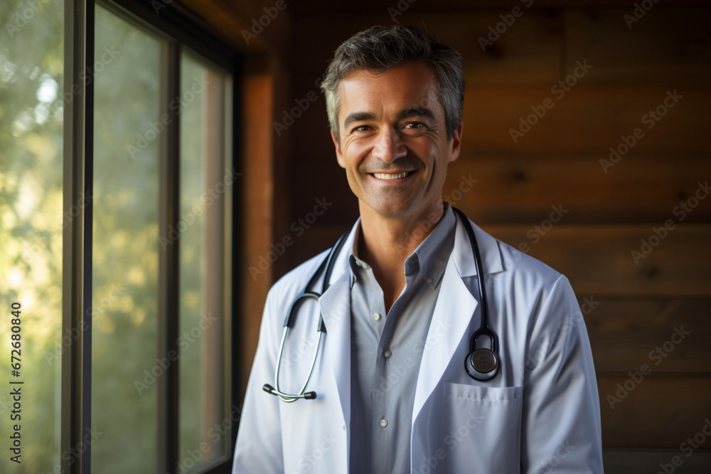 The doctor smiles and gazes out the window for his professional headshot photo - obrazy, fototapety, plakaty 