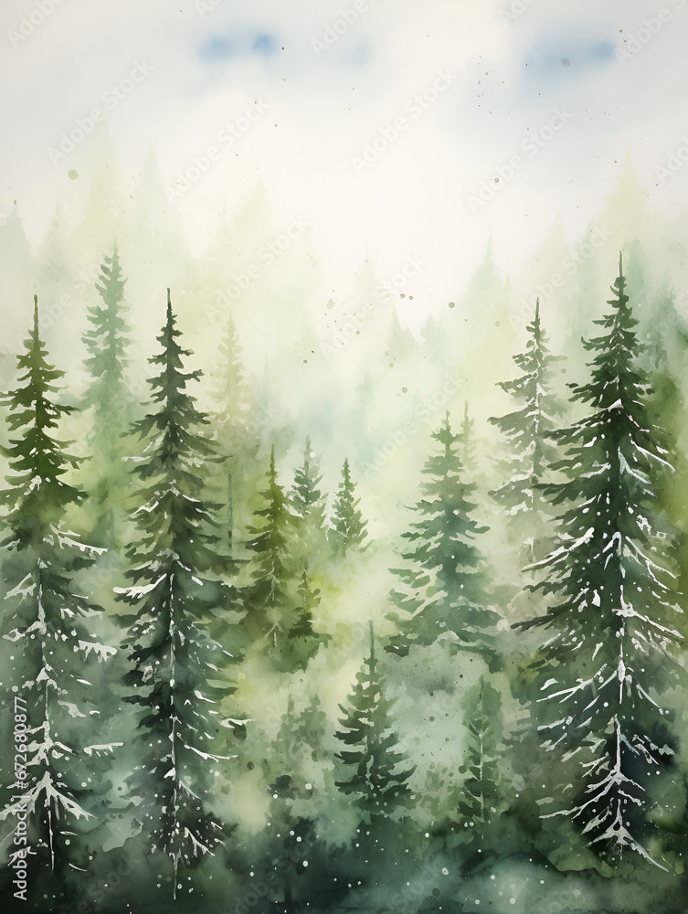 Watercolor smooth green pine tree forest background illustration - obrazy, fototapety, plakaty 