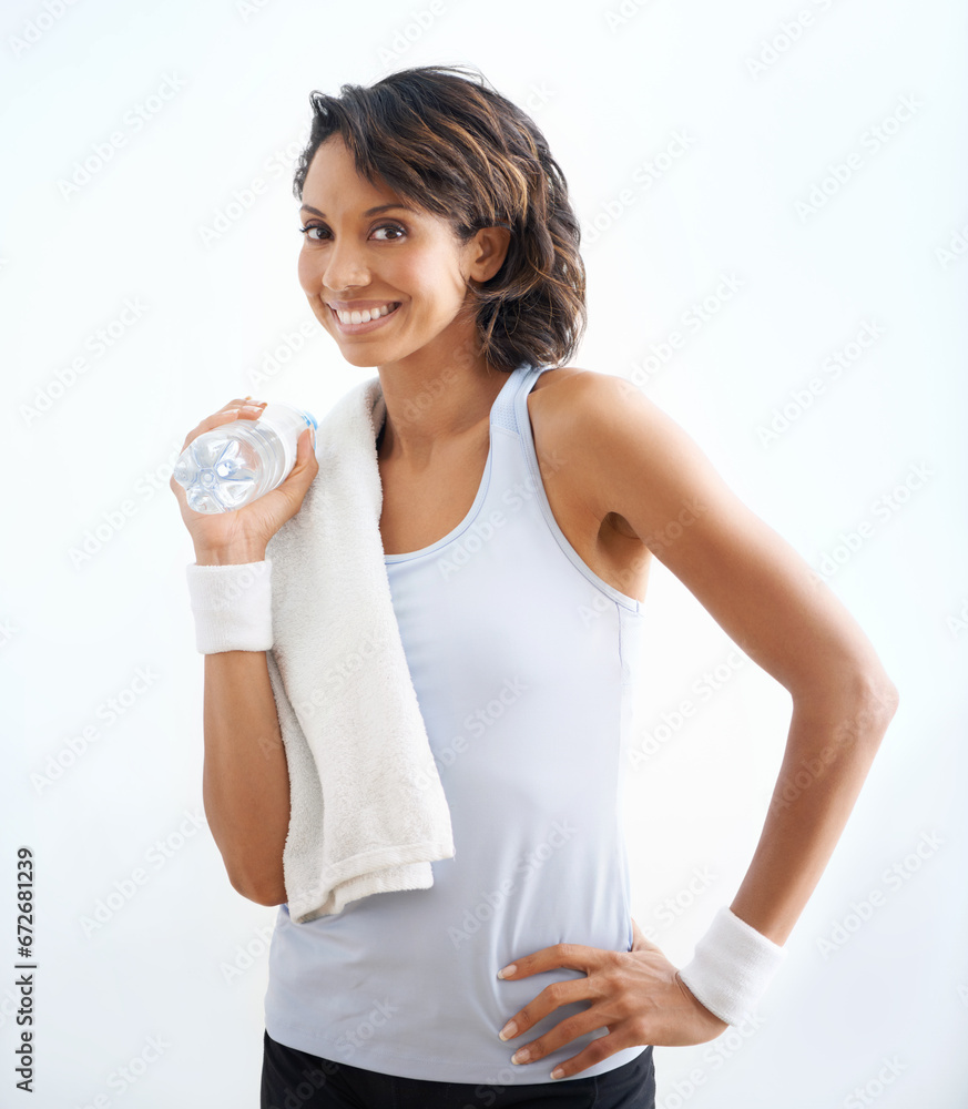 Fitness portrait, water or woman happiness after exercise, pilates workout or drinking beverage, H2O or cold liquid. Thirst, yoga studio or sports athlete smile for hydration on white background wall Fitness portrait, water or woman happiness after exercise, pilates workout or drinking beverage, H2O or cold liquid. Thirst, yoga studio or sports athlete smile for hydration on white background wall