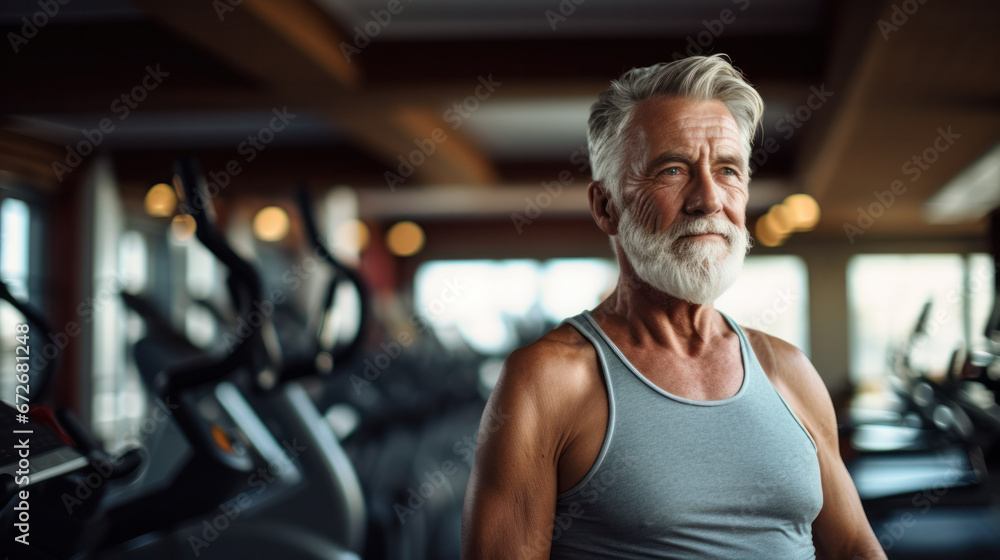 Fototapeta premium Senior man in gym working out with weights.