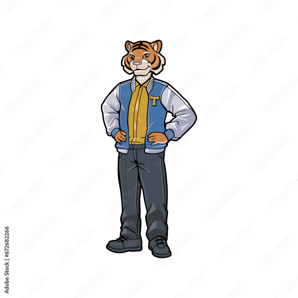 Stylish Cartoon Anthropomorphic Tiger in Casual Varsity Jacket