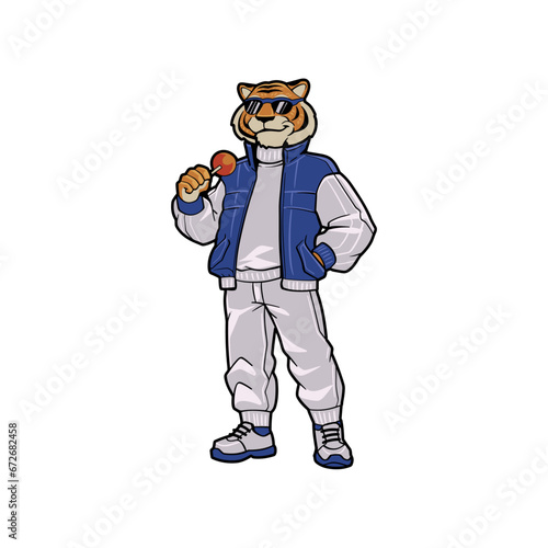 anthropomorphic Tiger wearing a sporty casual outfit and varsity jacket
