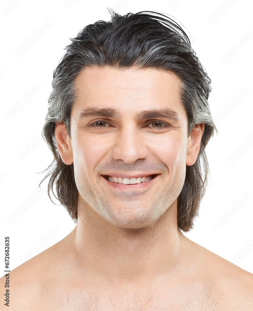 Obraz premium Skincare. happy and portrait of mature man in studio for cosmetics, spa treatment and grooming. Dermatology, beauty and face of isolated person for wellness, health and self care on white background