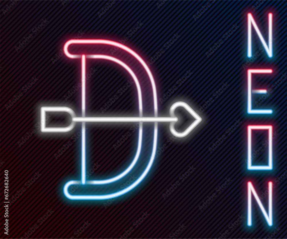 Glowing neon line Bow and arrow icon isolated on black background. Cupid symbol. Love sign. Happy Valentines day. Colorful outline concept. Vector Glowing neon line Bow and arrow icon isolated on black background. Cupid symbol. Love sign. Happy Valentines day. Colorful outline concept. Vector