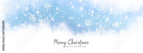Artistic abstract winter holidays background. Christmas blue vector landscape with watercolor snow texture and snowflakes. Illustration for poster, wallpaper, banner, greeting card, advertising