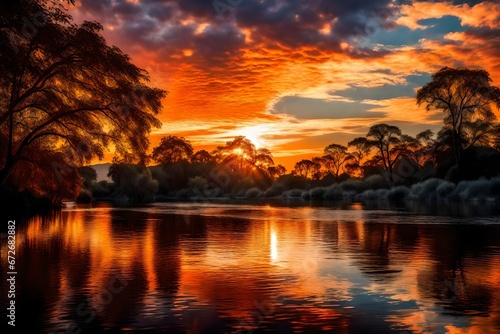 In the quiet moments of this river sunset  nature seems to pause  allowing everyone who witnesses this spectacle to be captivated by its beauty. It is a reminder of the fleeting nature of time  encour