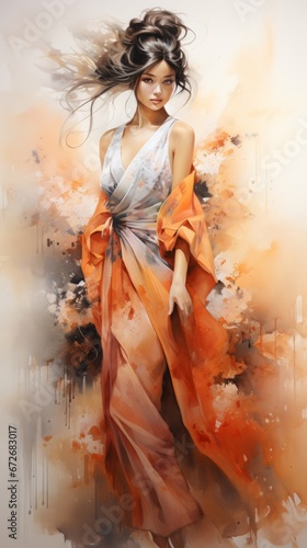 A Serene Beauty in a Flowing Dress. A painting of a woman in a flowing orange dress.