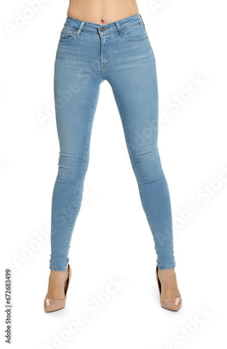 Woman wearing stylish light blue jeans and high heels shoes on white background, closeup