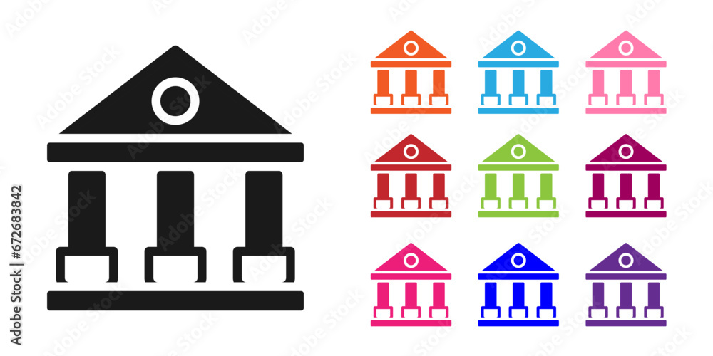 Black Courthouse building icon isolated on white background. Building bank or museum. Set icons colorful. Vector