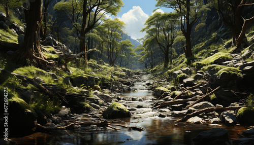Tranquil scene of a tropical rainforest, flowing water, and lush greenery generated by AI