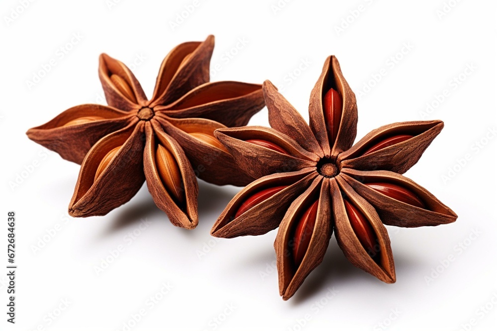Close-up of two isolated star anise fruits on white background with shadow. Generative AI - obrazy, fototapety, plakaty 