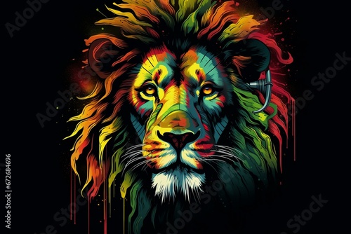 Head of lion with Rastafarian colors on black background. Generative AI photo
