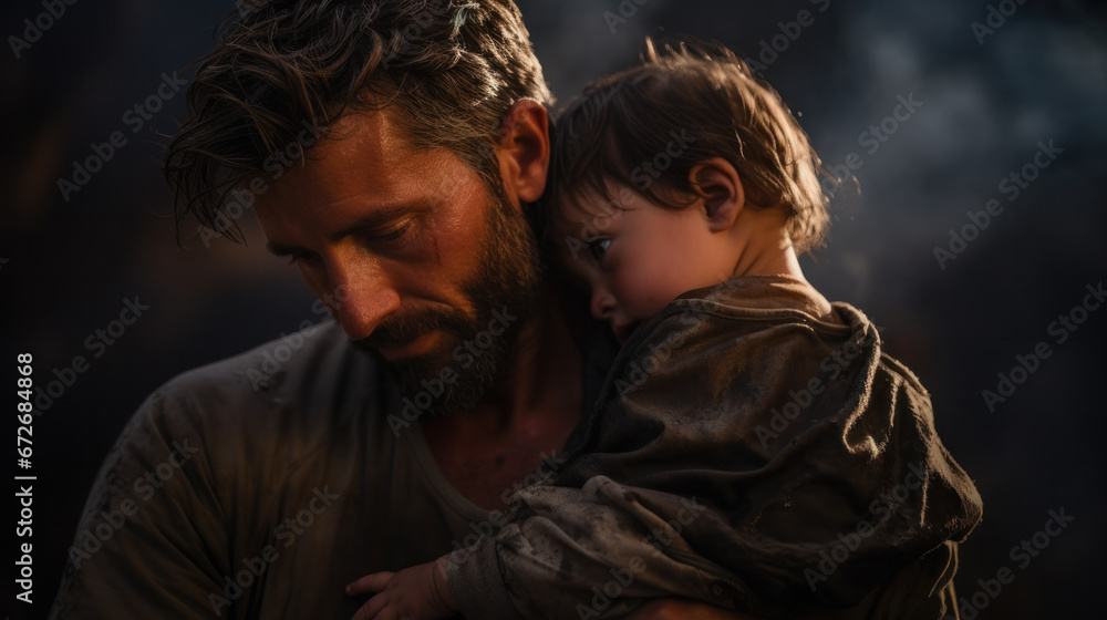 A small child in dirty clothes in the arms of his father outdoors. Concept of refugees running away from war A small child in dirty clothes in the arms of his father outdoors. Concept of refugees running away from war