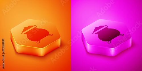 Isometric Molten gold being poured icon isolated on orange and pink background. Molten metal poured from ladle. Hexagon button. Vector